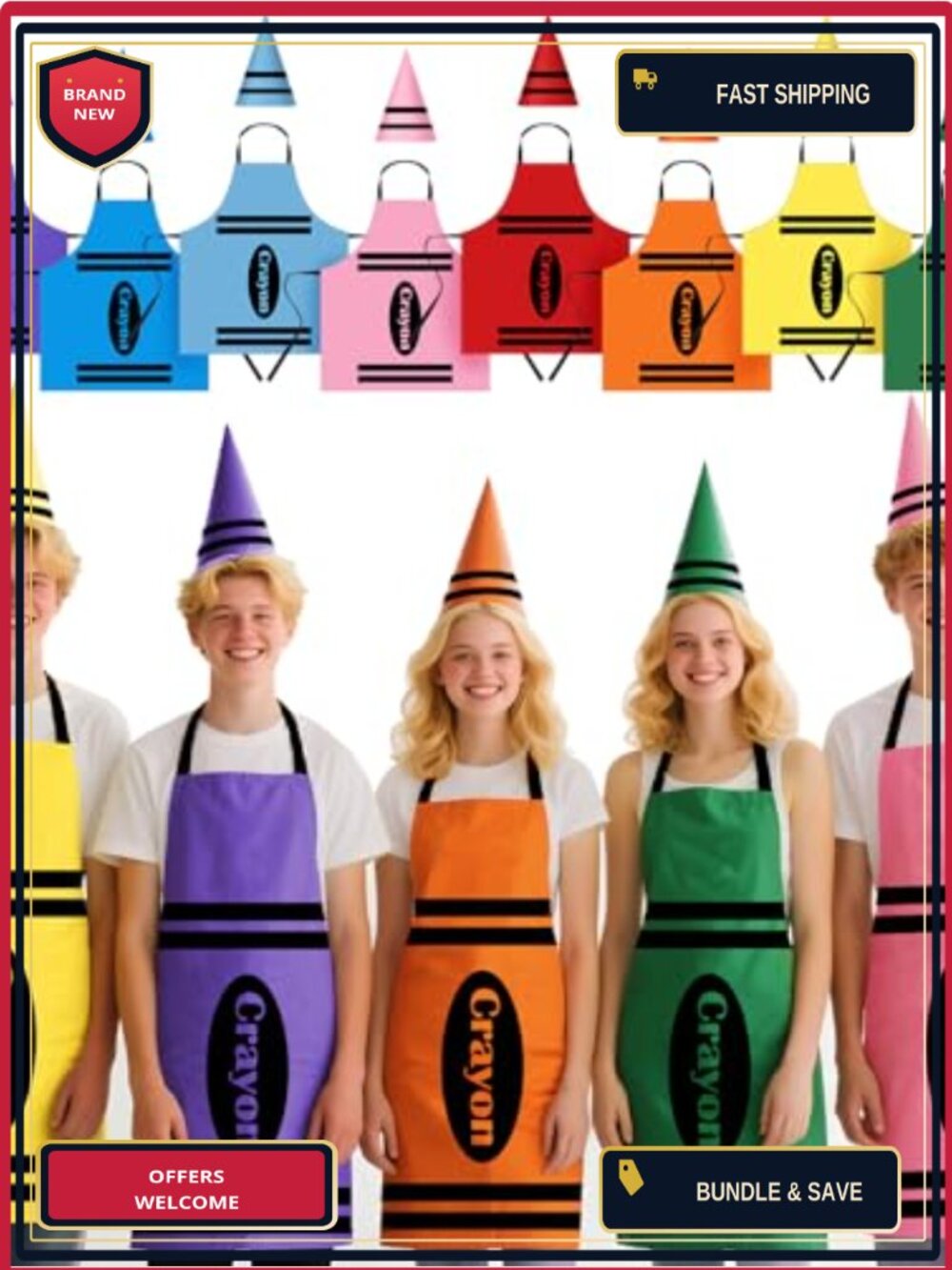 Crayon Costume Set 8 Aprons & Gnome Cone Hats Adult Halloween Cosplay
